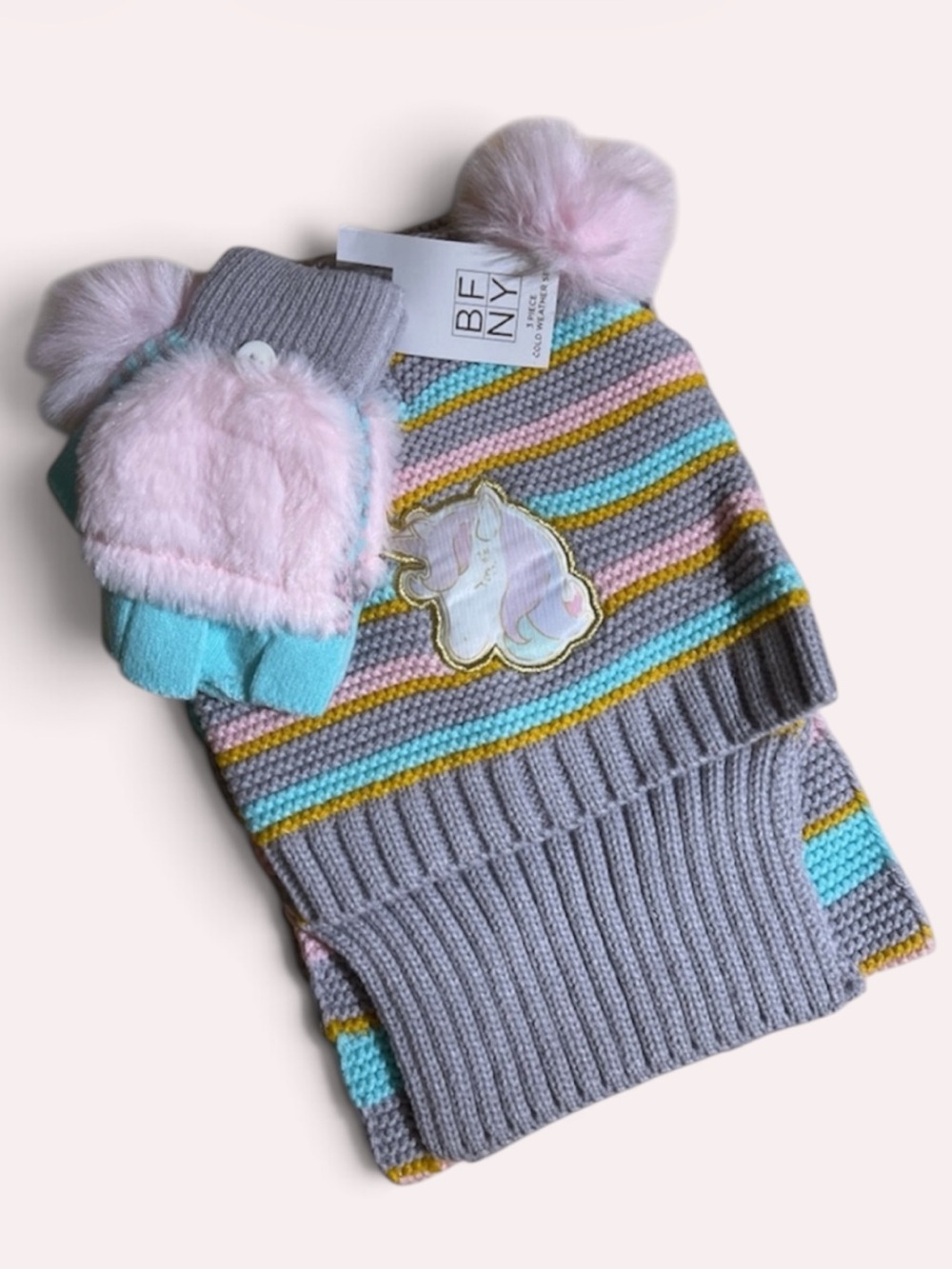 BFNY Berkshire Girls 3 PC Unicorn Cold Weather Set - Hat, Scarf & Gloves